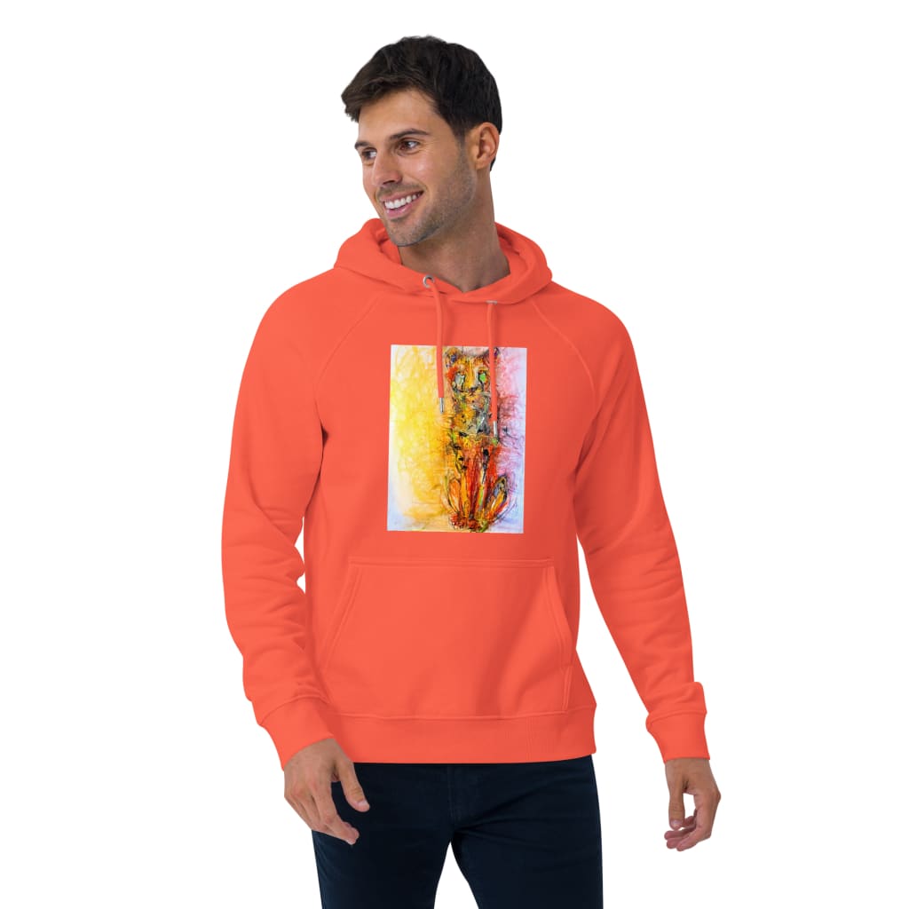 Eco-friendly red unisex hoodie with exclusive artwork "Cheetah - The Long Wait" print 