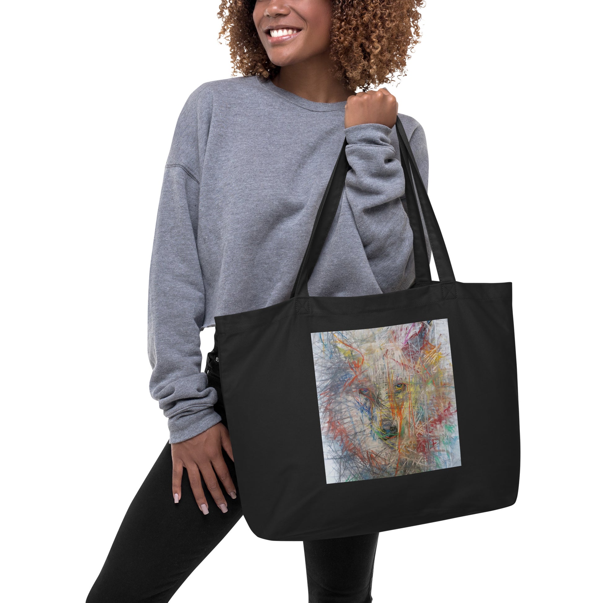 Large black tote bag 100% certified organic cotton with exclusive artwork "Wolf Spirit" print 