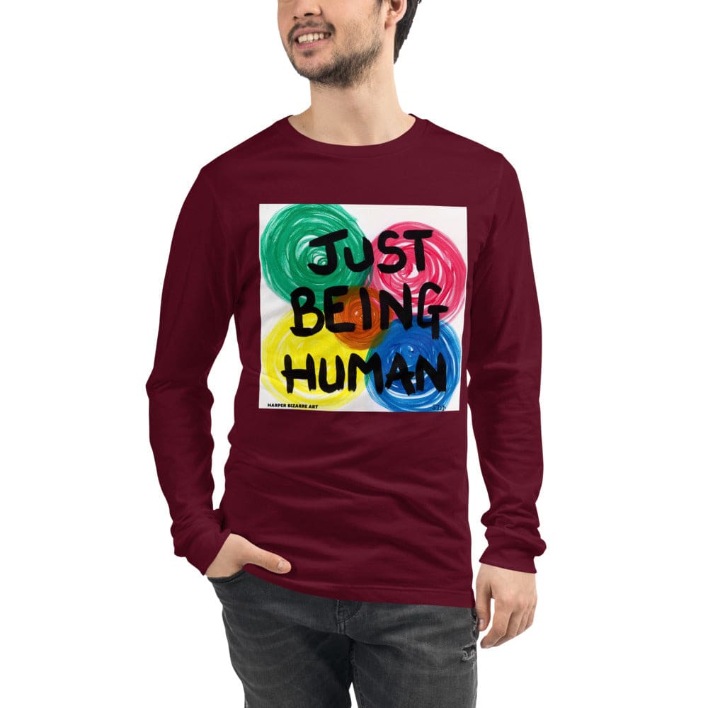 Maroon unisex long sleeves tee shirt with exclusive artwork "Just being human" print 