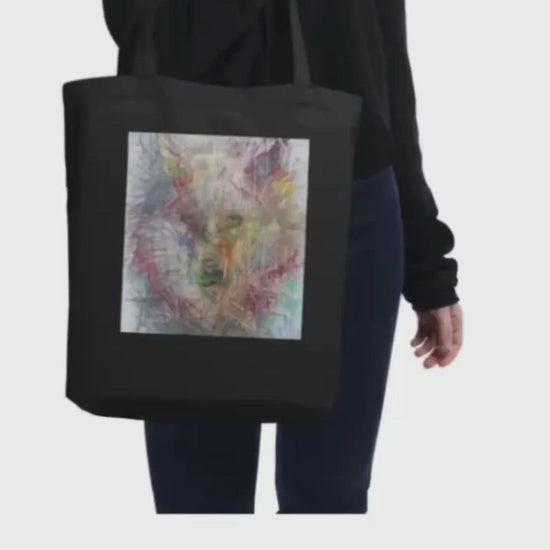 Black tote bag 100% certified organic cotton with exclusive artwork "Wolf Spirit" print 