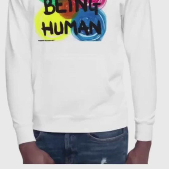 White unisex hoodie with exclusive artwork "Just being human" print 
