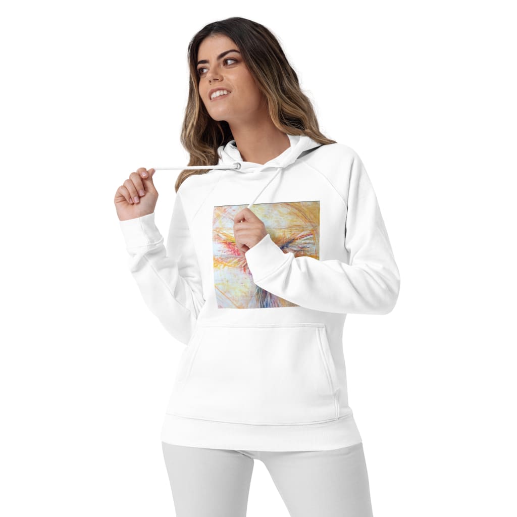 Eco-Friendly white unisex hoodie with exclusive artwork "The Hummingbird" print 