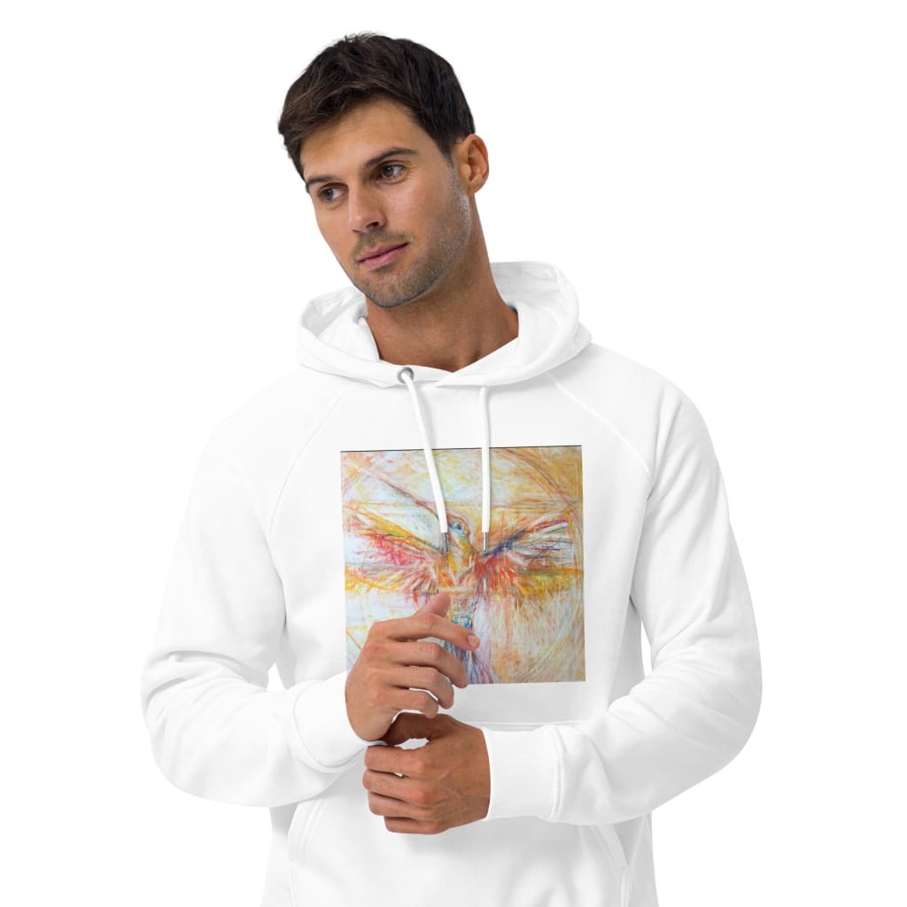 Eco-Friendly white unisex hoodie with exclusive artwork "The Hummingbird" print 