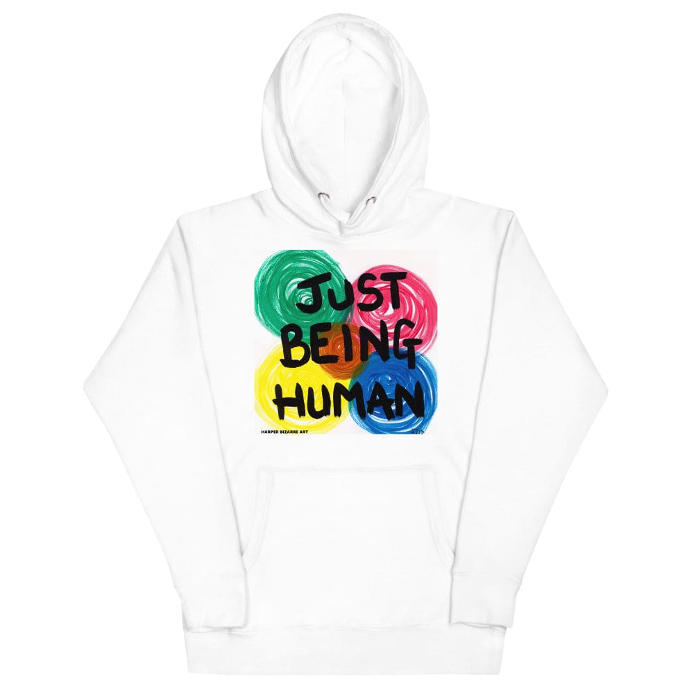 White unisex hoodie with exclusive artwork "Just being human" print 