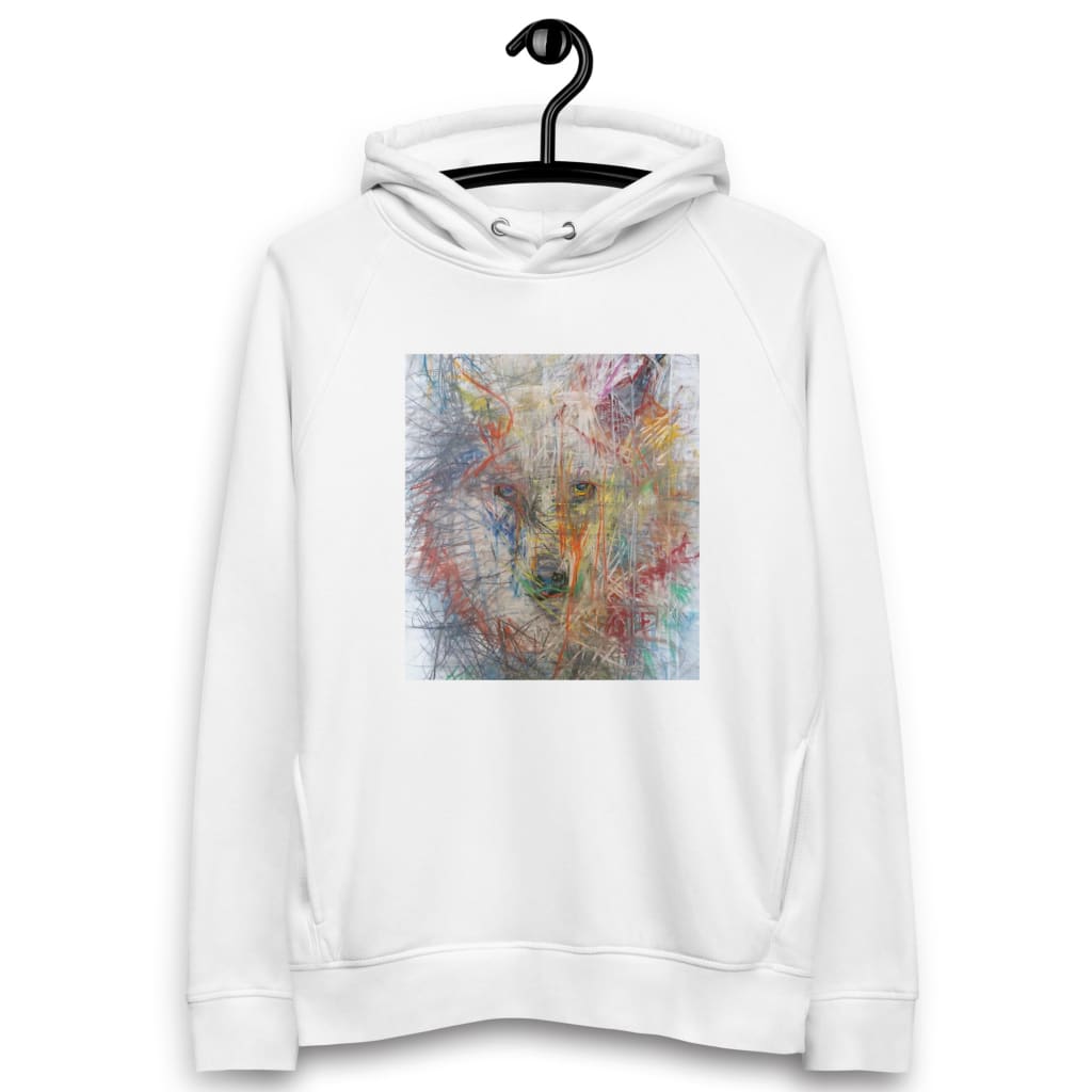 Eco-Friendly white unisex hoodie with exclusive artwork "Wolf Spirit" print 