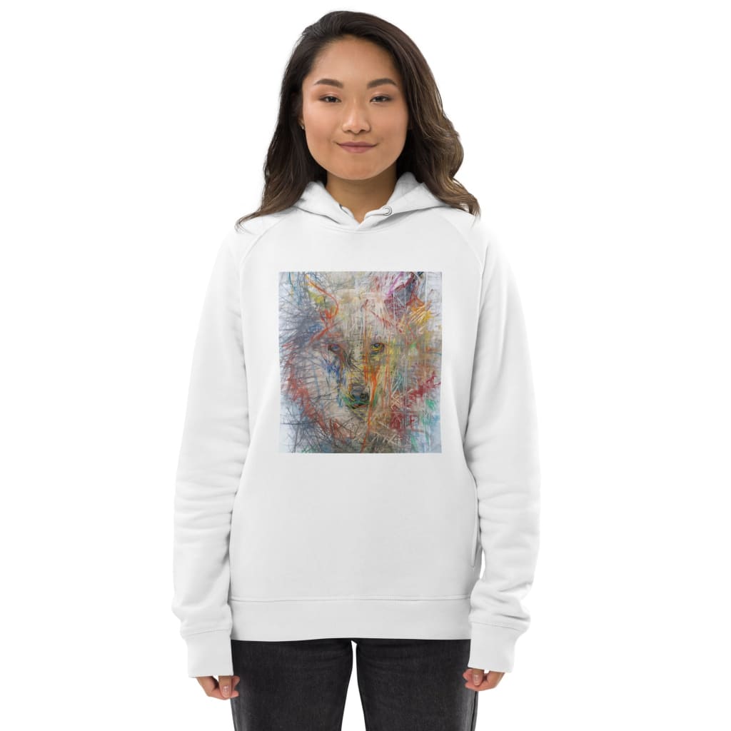 Eco-Friendly white unisex hoodie with exclusive artwork "Wolf Spirit" print 