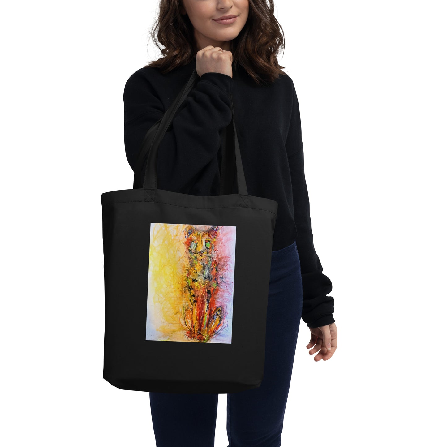 Black tote bag 100% certified organic cotton with exclusive artwork "The Long Wait" print 