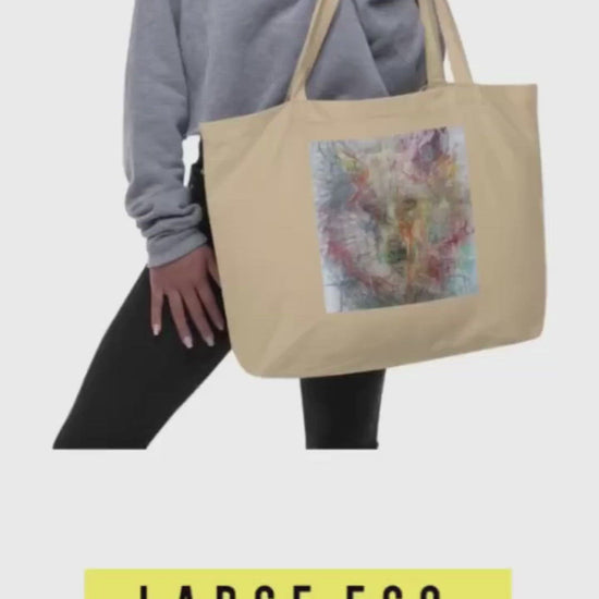 Large beige tote bag 100% certified organic cotton with exclusive artwork "Wolf Spirit" print