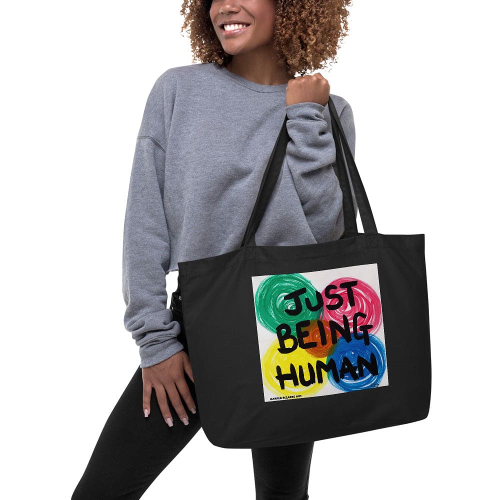 Large black tote bag 100% certified organic cotton with exclusive artwork "Just being human" print 