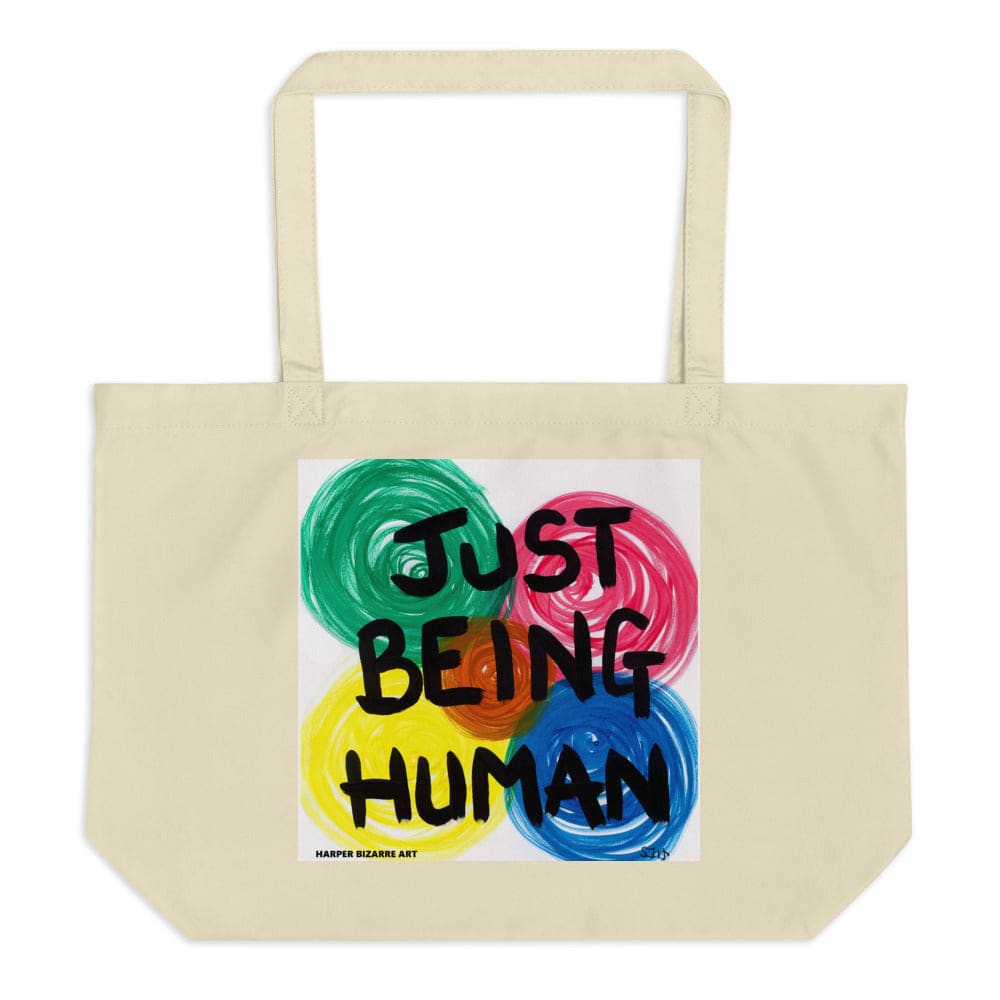 Large white tote bag 100% certified organic cotton with exclusive artwork "Just being human" print 