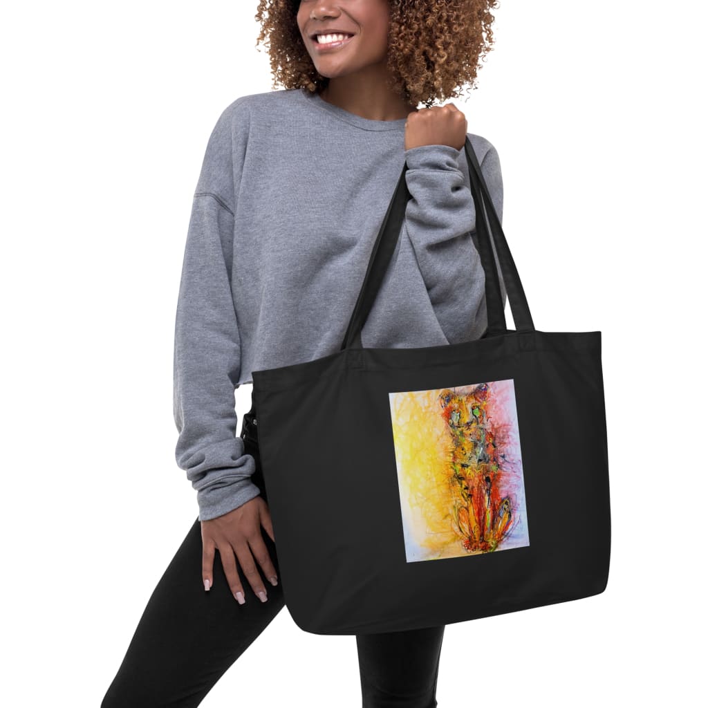 Large black tote bag 100% certified organic cotton with exclusive artwork "Cheetah - The long wait" print 