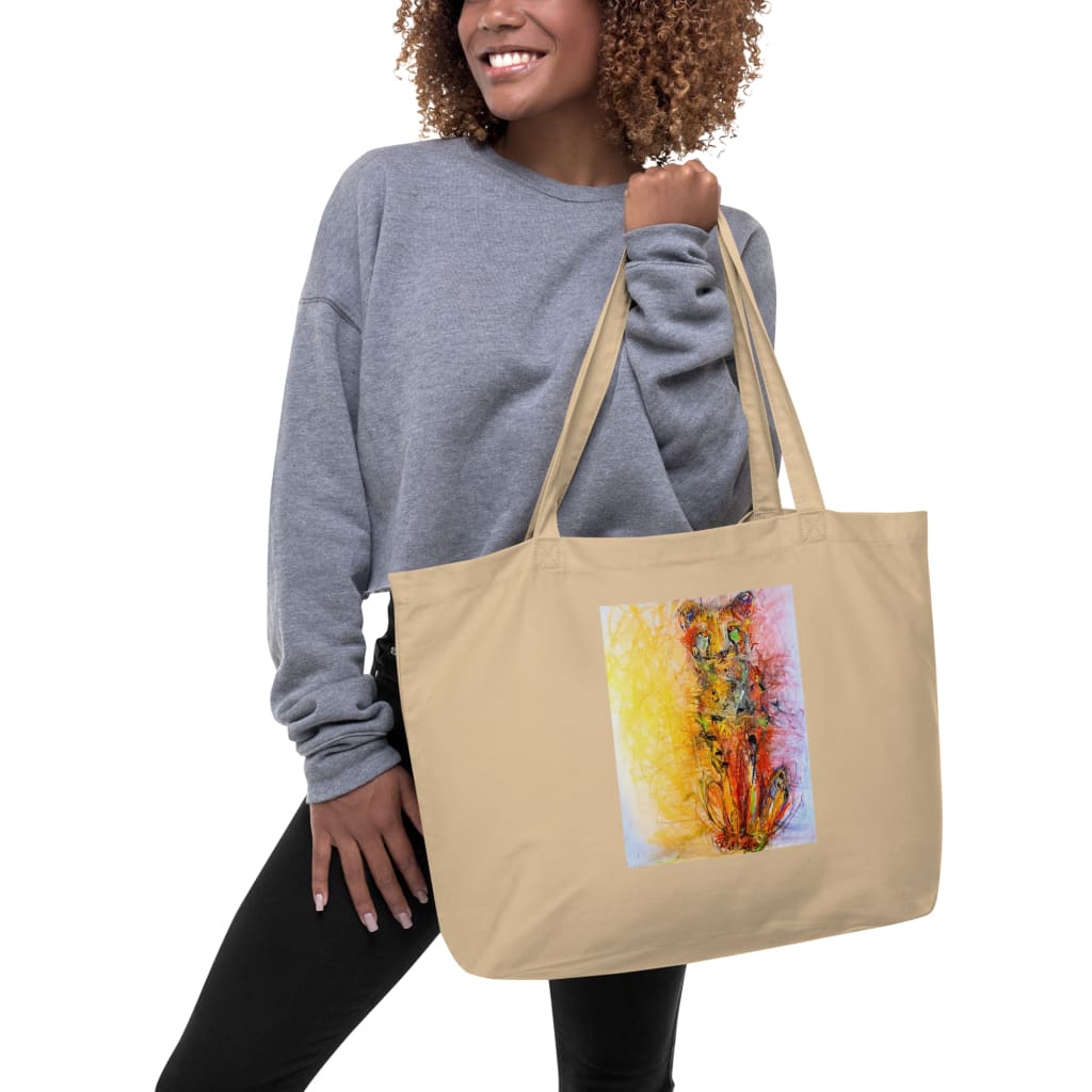Large beige tote bag 100% certified organic cotton with exclusive artwork "Cheetah - The long wait" print 