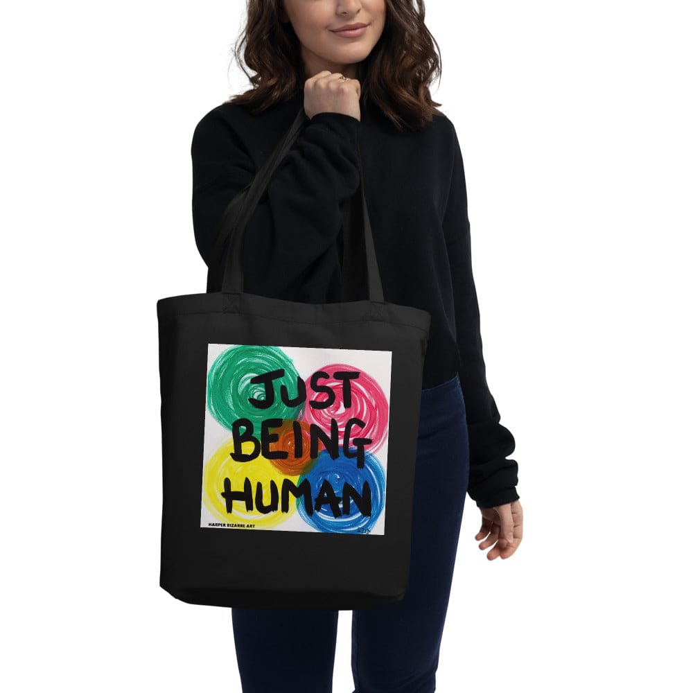 Black tote bag 100% certified organic cotton with exclusive artwork "Just being human" print 