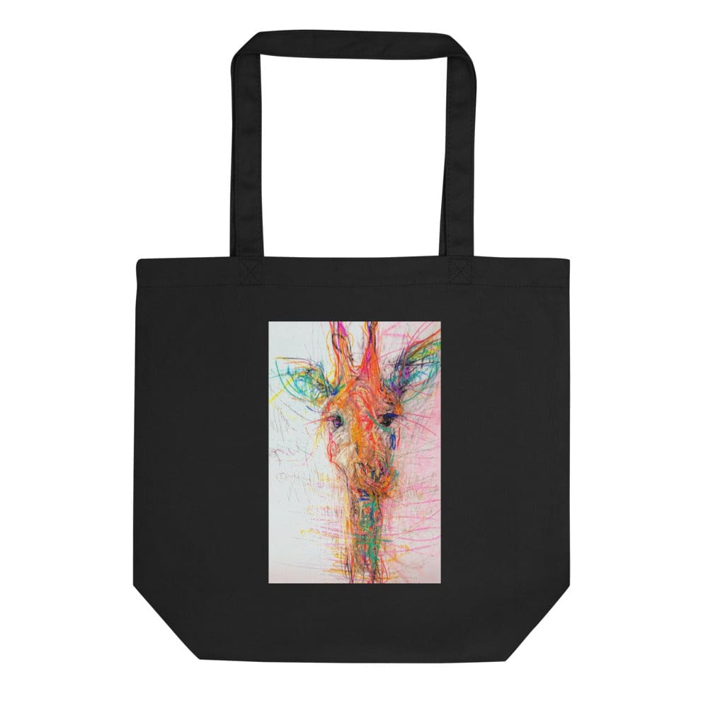 Black tote bag 100% certified organic cotton with exclusive artwork "Real Gone Giraffe" print 