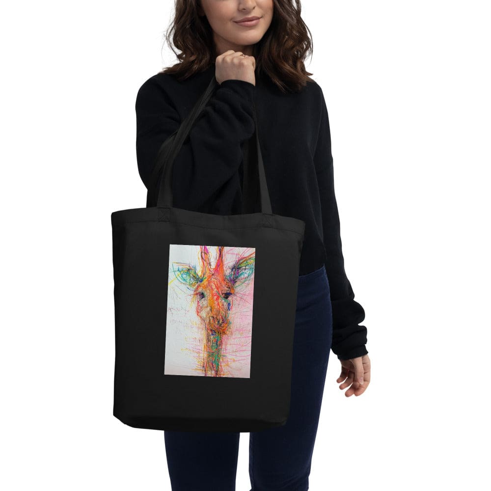 Black tote bag 100% certified organic cotton with exclusive artwork "Real Gone Giraffe" print 