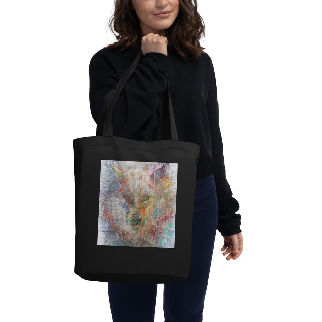 Black tote bag 100% certified organic cotton with exclusive artwork "Wolf Spirit" print 