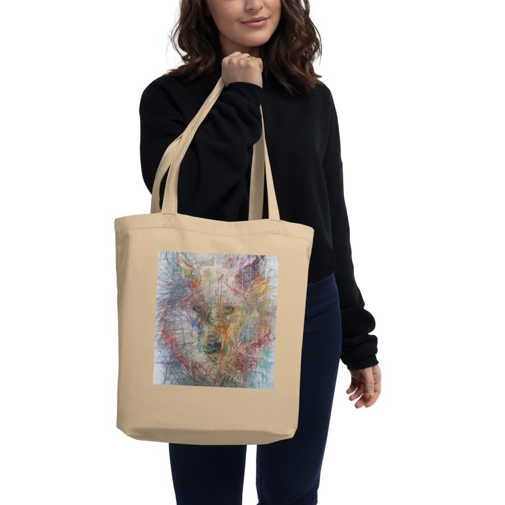 Beige tote bag 100% certified organic cotton with exclusive artwork "Wolf Spirit" print 