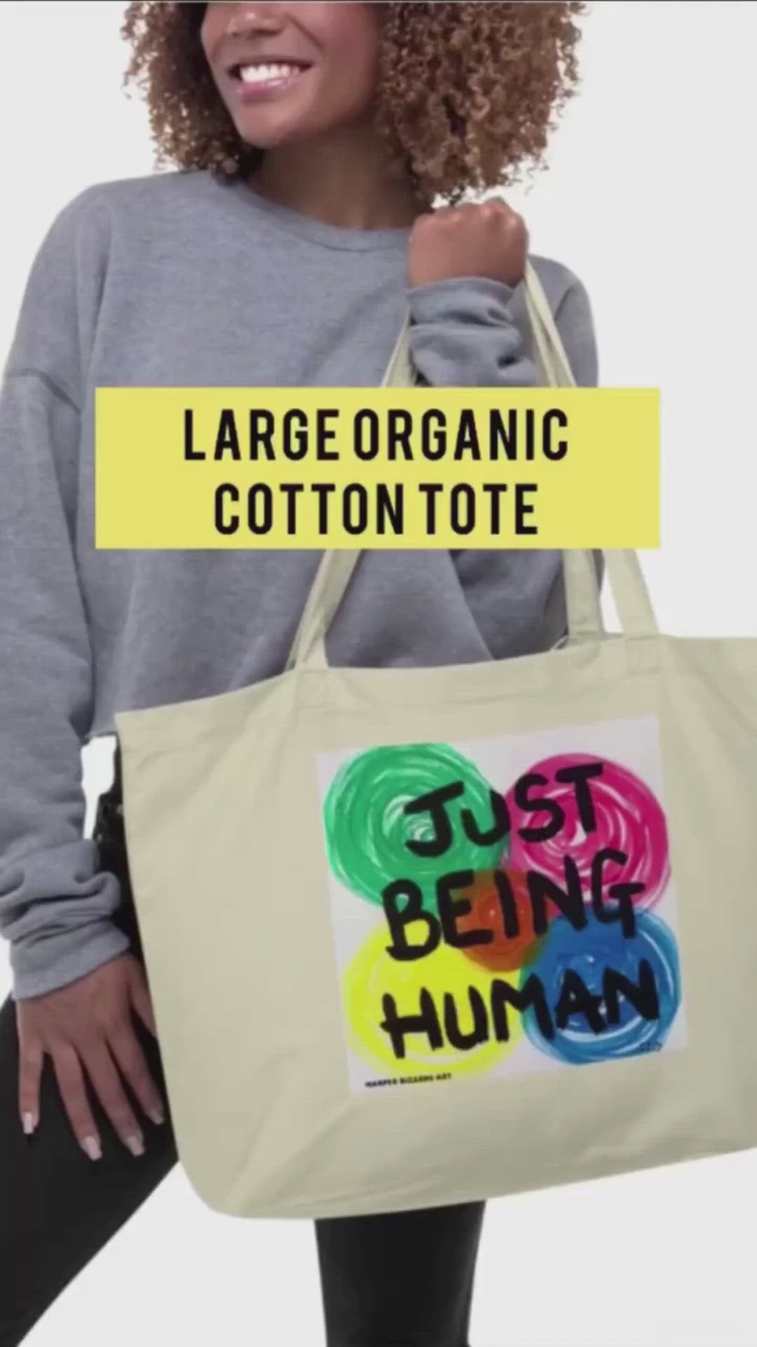 Large white tote bag 100% certified organic cotton with exclusive artwork "Just being human" print 