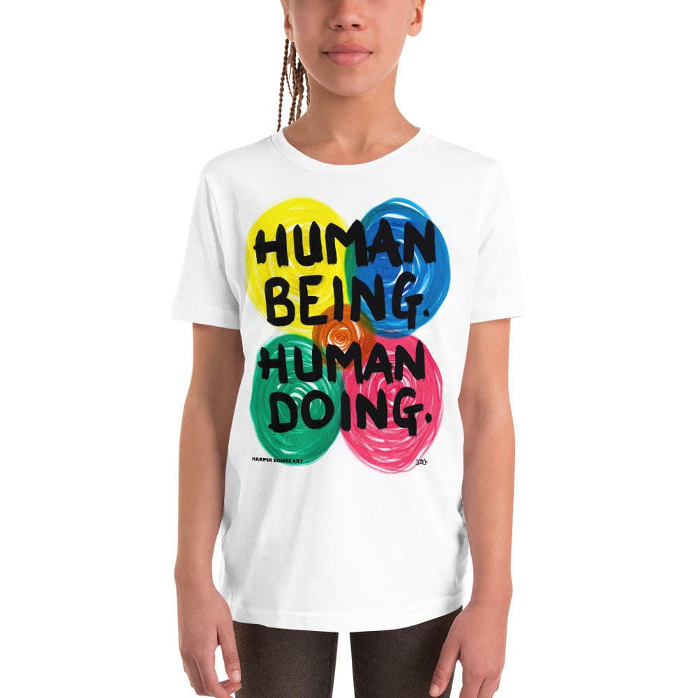 White Tee-shirt with exclusive artwork "human being, human doing' print 