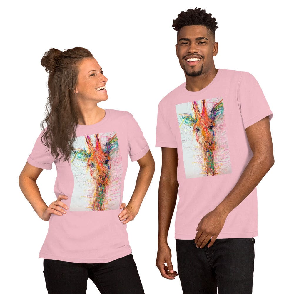 Pink unisex tee shirt with exclusive artwork "Real Gone Giraffe" print 