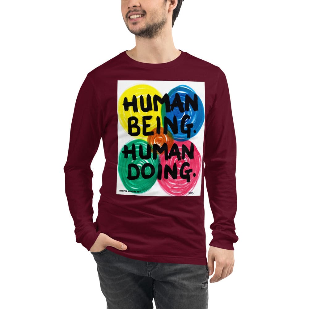Maroon long sleeves Tee-shirt with exclusive artwork "human being, human doing' print 
