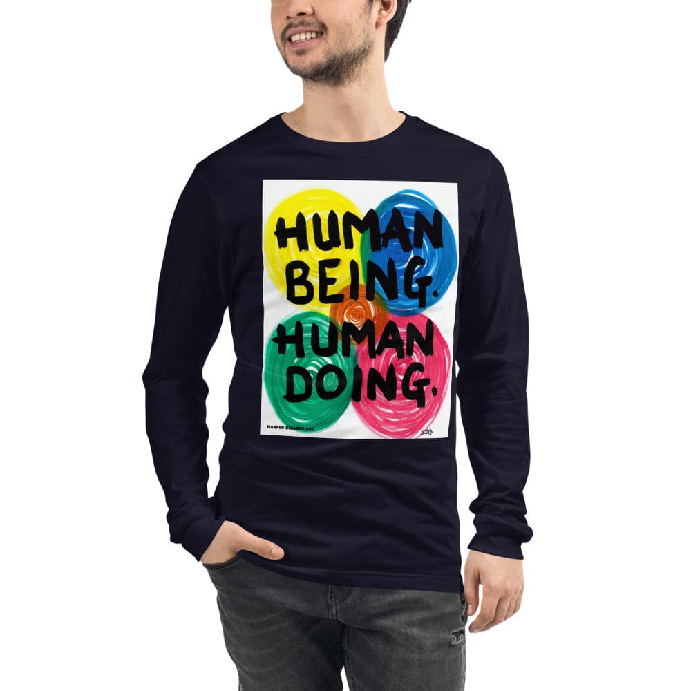 Navy long sleeves Tee-shirt with exclusive artwork "human being, human doing' print 