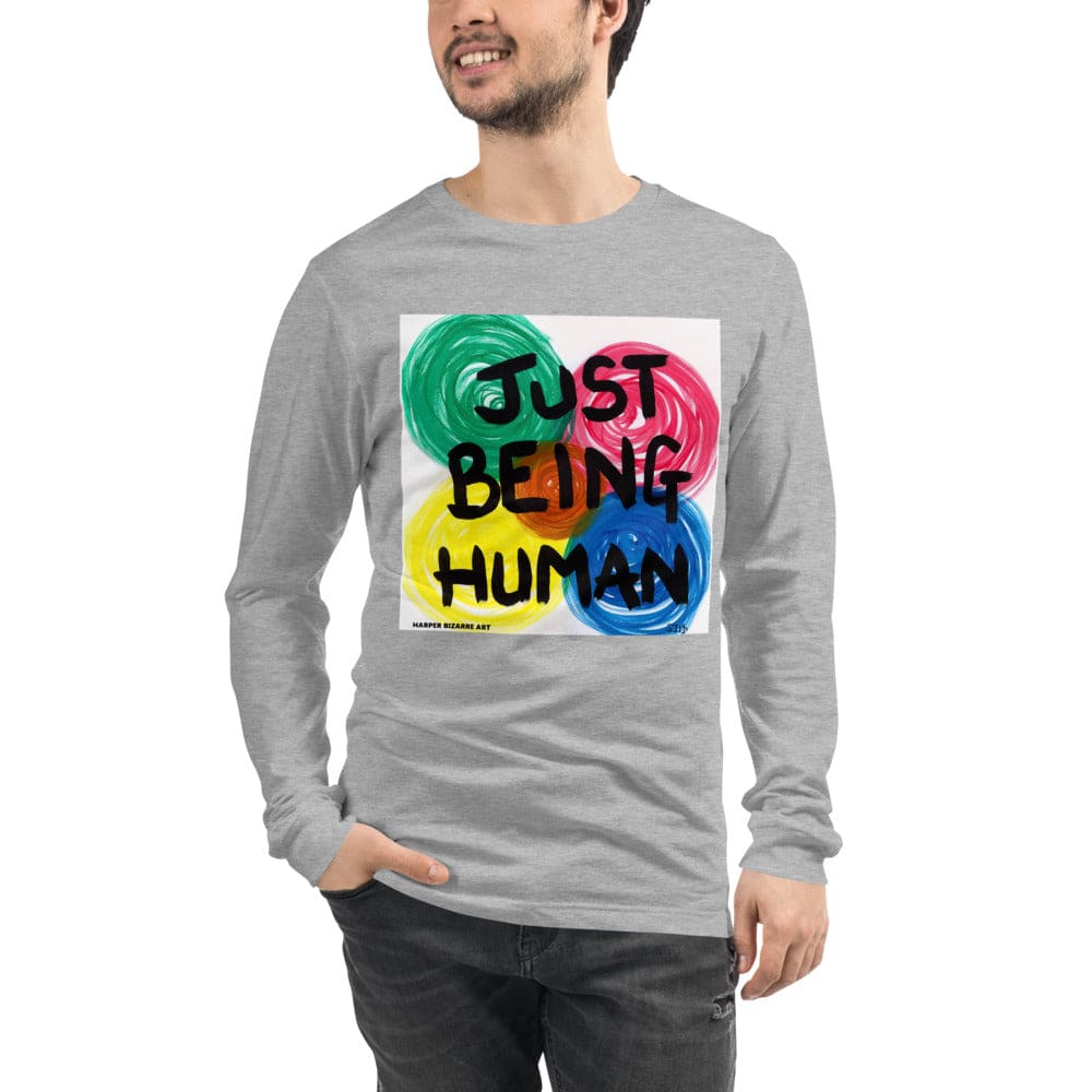 Grey unisex long sleeves tee shirt with exclusive artwork "Just being human" print 