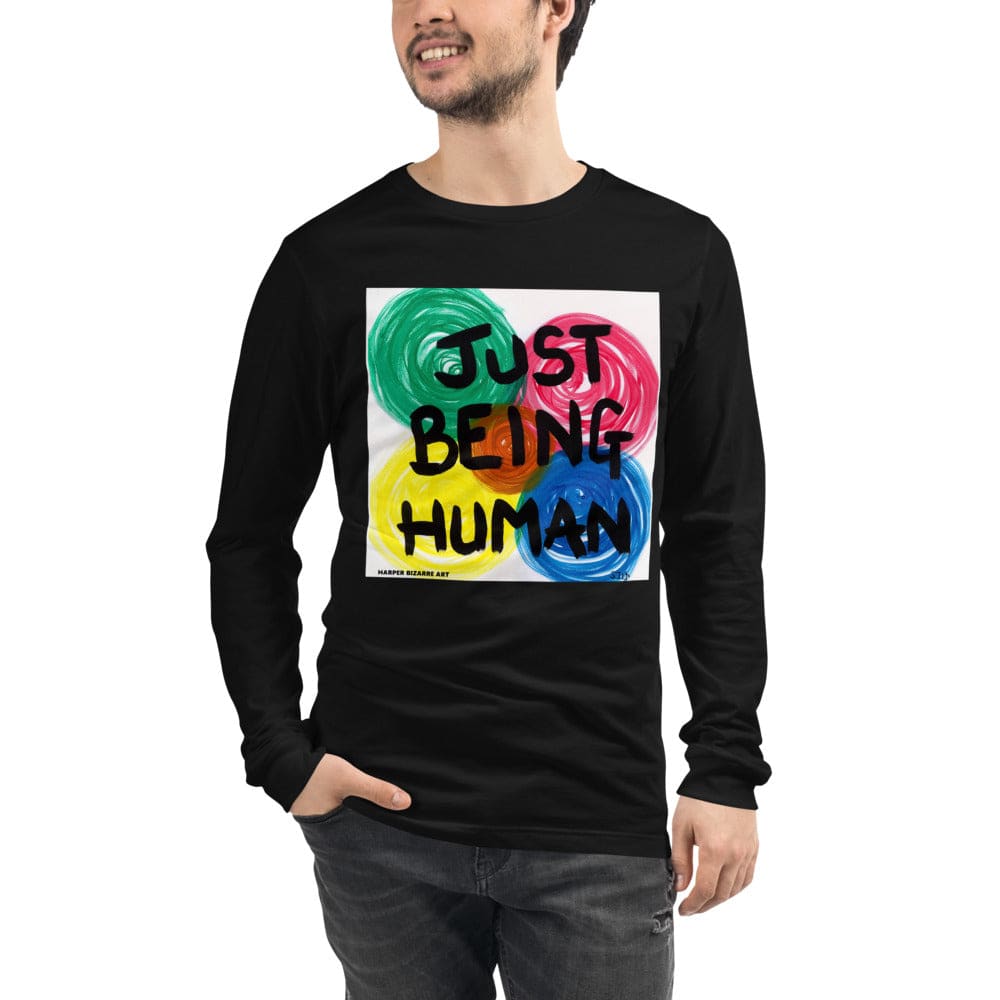 Black unisex long sleeves tee shirt with exclusive artwork "Just being human" print 