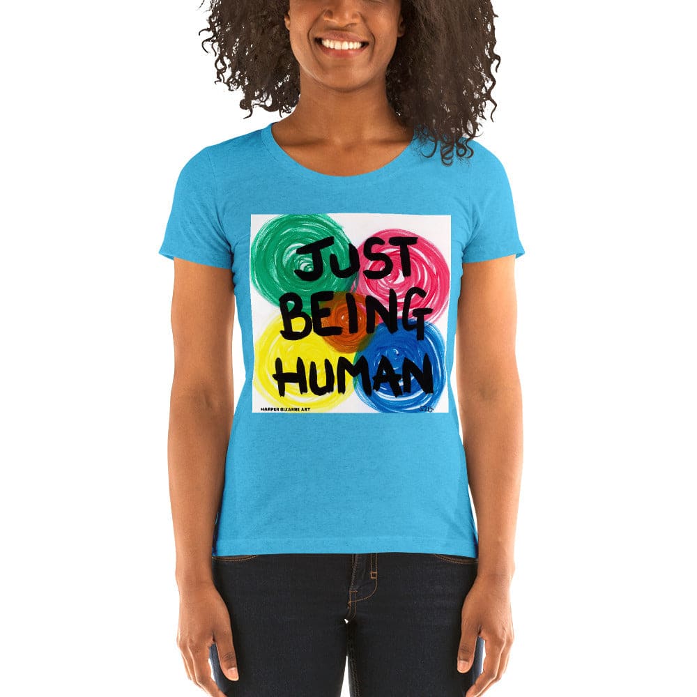 Aqua blue tee shirt with exclusive artwork "Just being human" print 