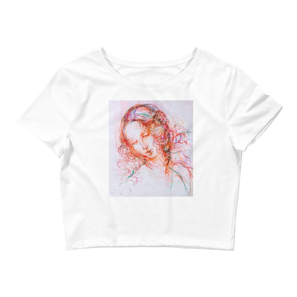White crop top with exclusive artwork "Pink Leda" print 